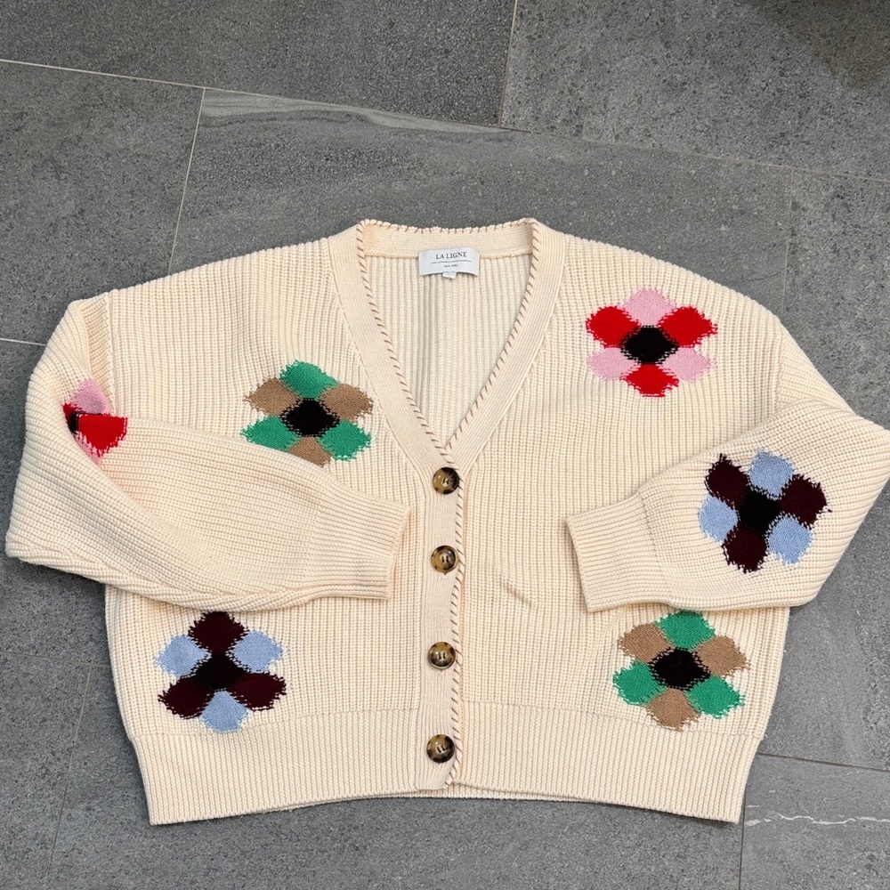 La Ligne Cream Cardigan with Multicolor Floral Accents